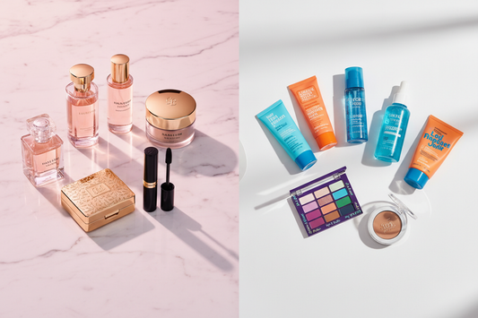 Luxury and drugstore beauty products comparison showing when to splurge and save