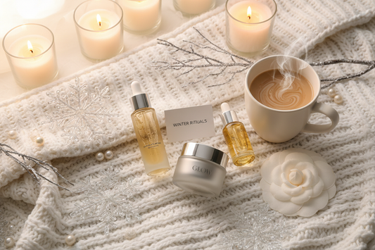Winter skincare essentials including moisturizer and face oil for glowing hydrated skin