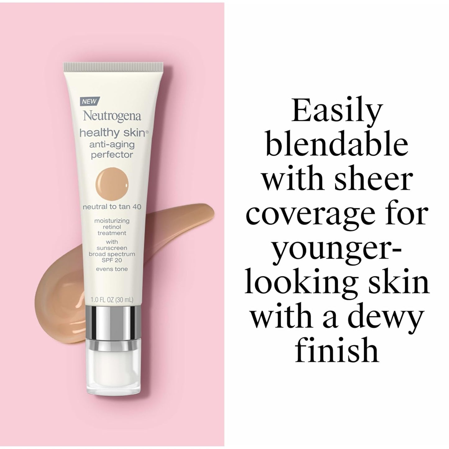 Neutrogena healthy skin anti-aging perfector tube on a pink background with text about product features.