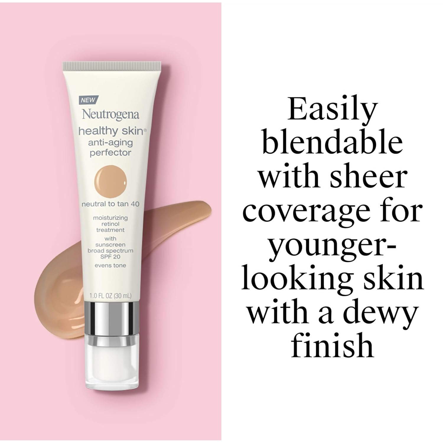 Neutrogena healthy skin anti-aging perfector tube on a pink background with text about product features.