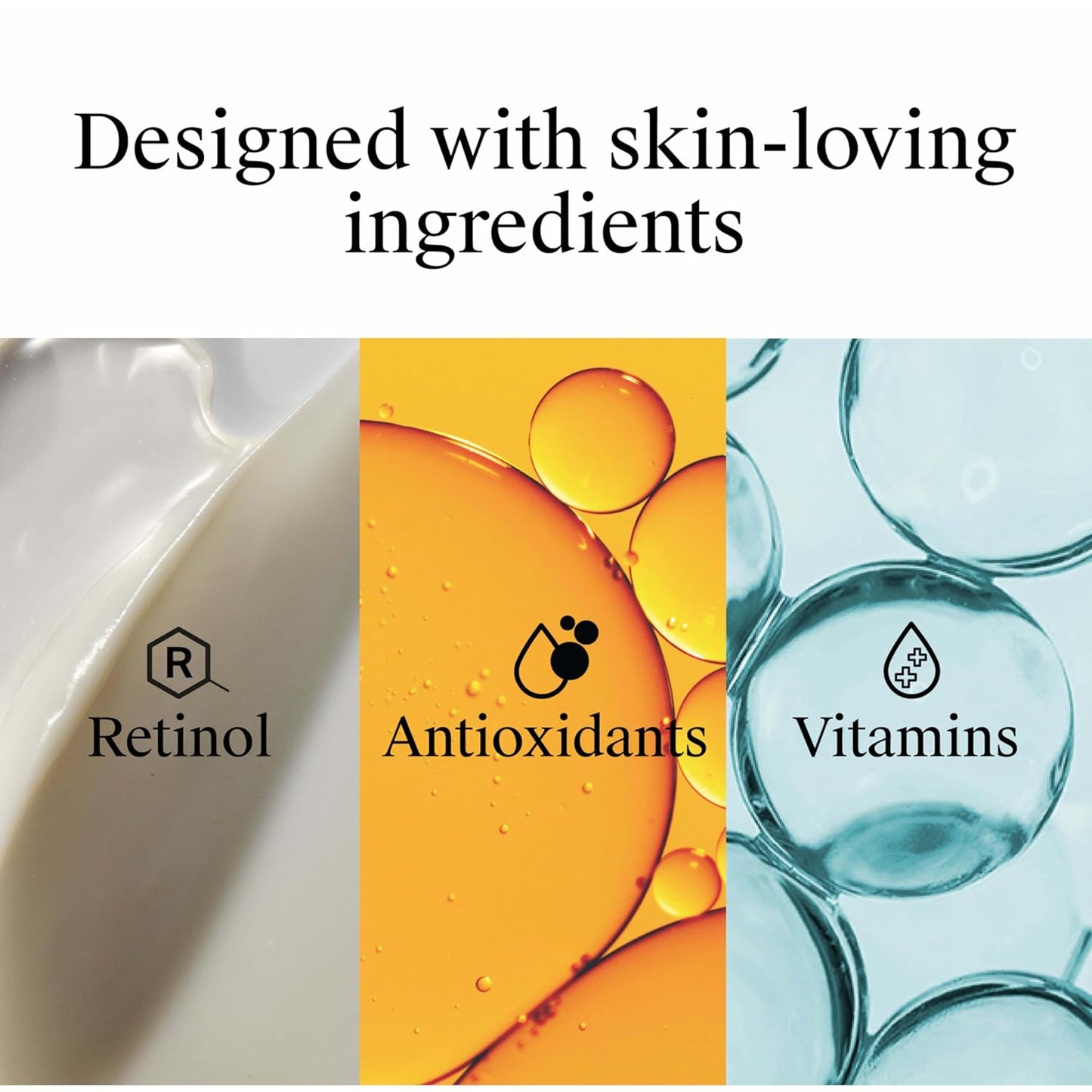 Product packaging with retinol, antioxidants, and vitamins labeled on a white background.