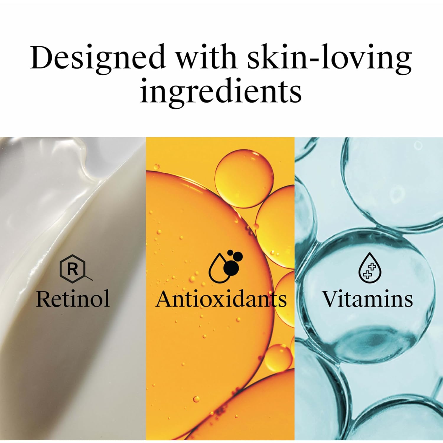 Product packaging with retinol, antioxidants, and vitamins labeled on a white background.