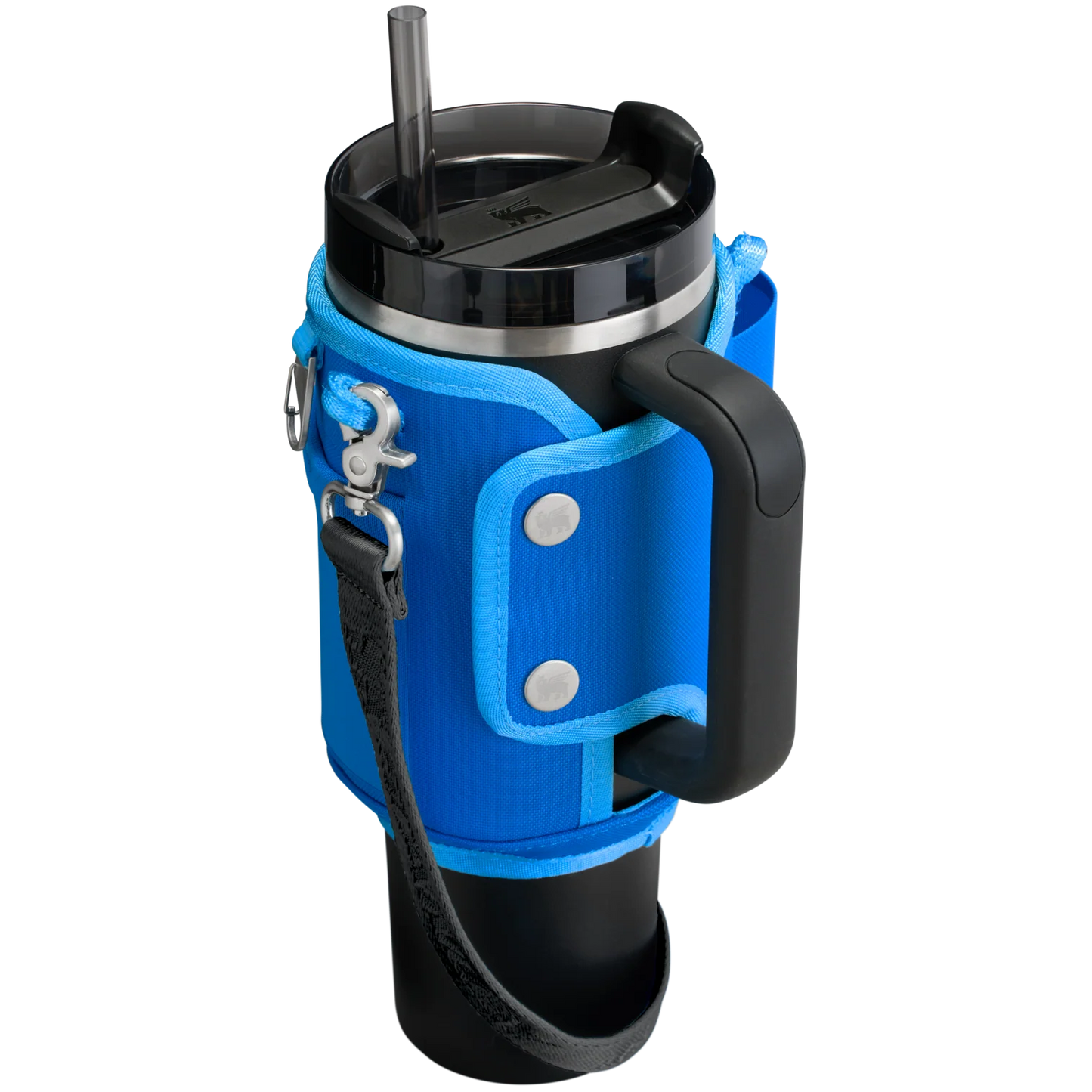 Blue insulated cup holder with black handle and straw on a white background