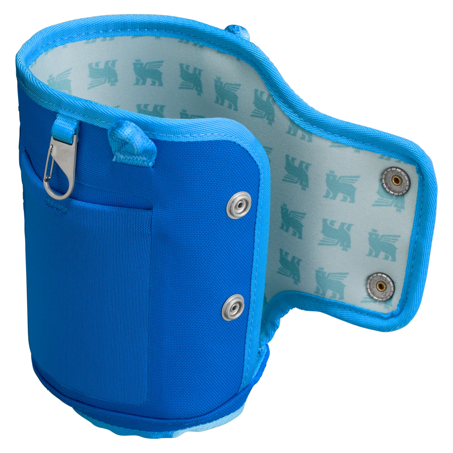 Blue wristlet with a patterned interior on a white background