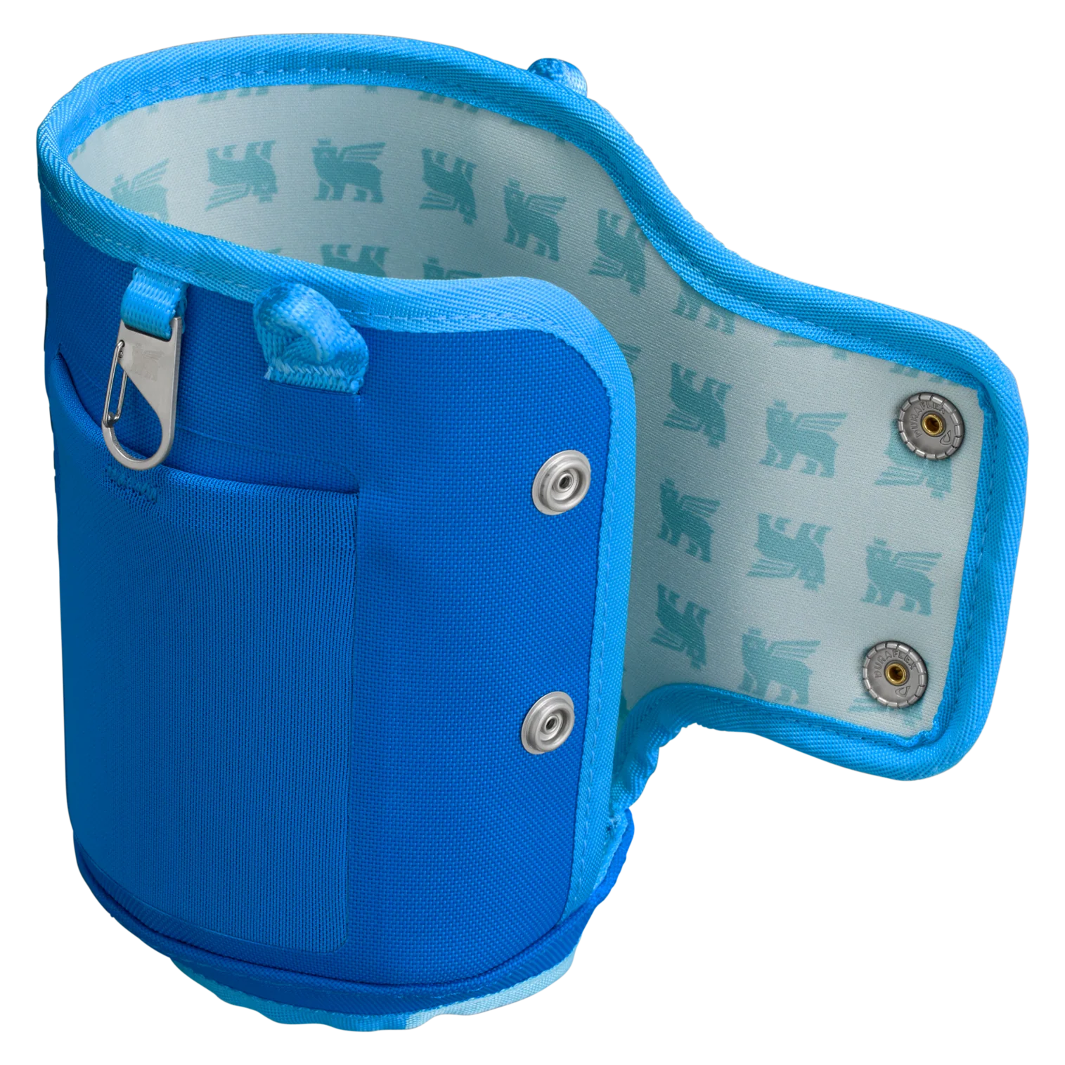 Blue wristlet with a patterned interior on a white background