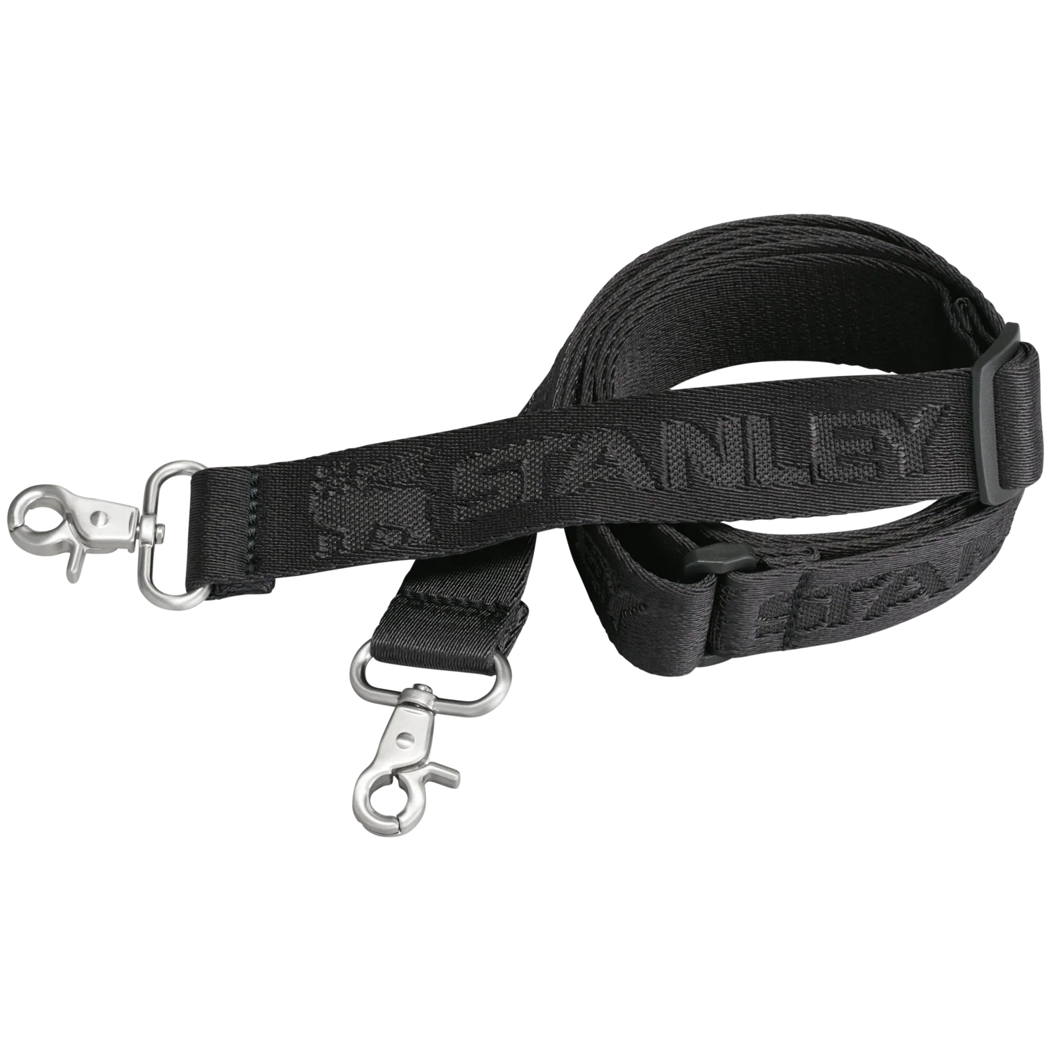 Black strap with metal clasp on a white background
