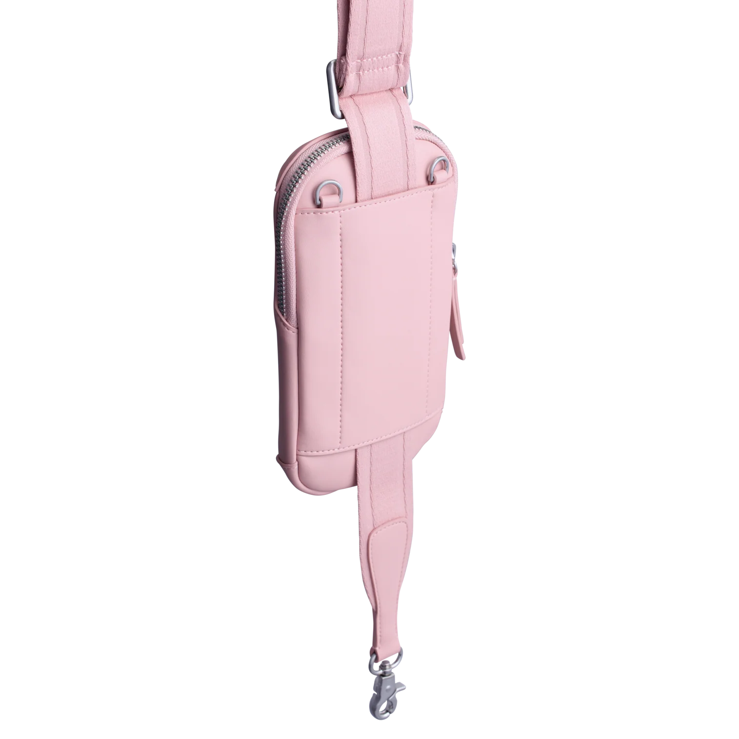 Pink crossbody bag with a strap on a white background
