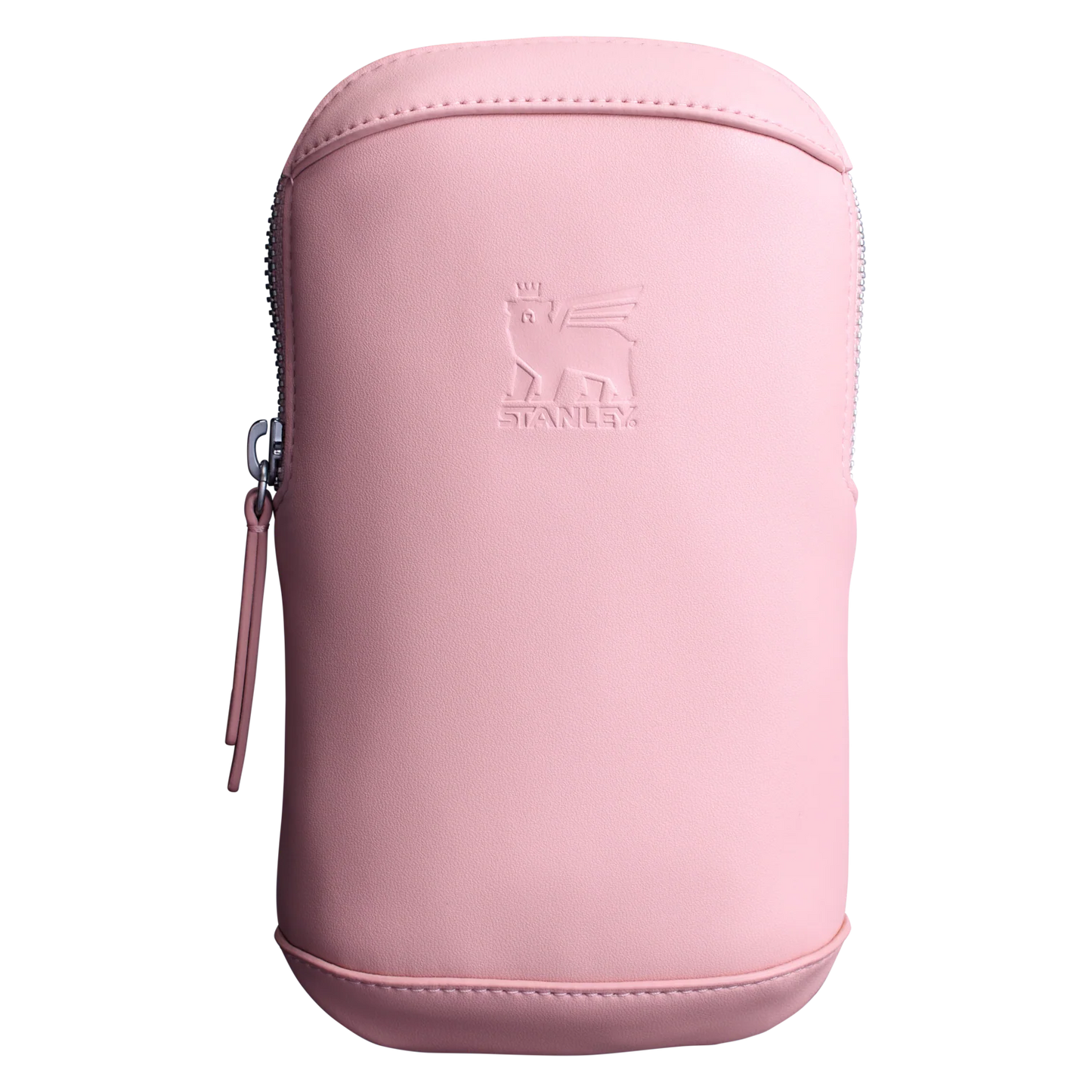 Pink cylindrical pouch with a zipper and Stanley logo on a white background