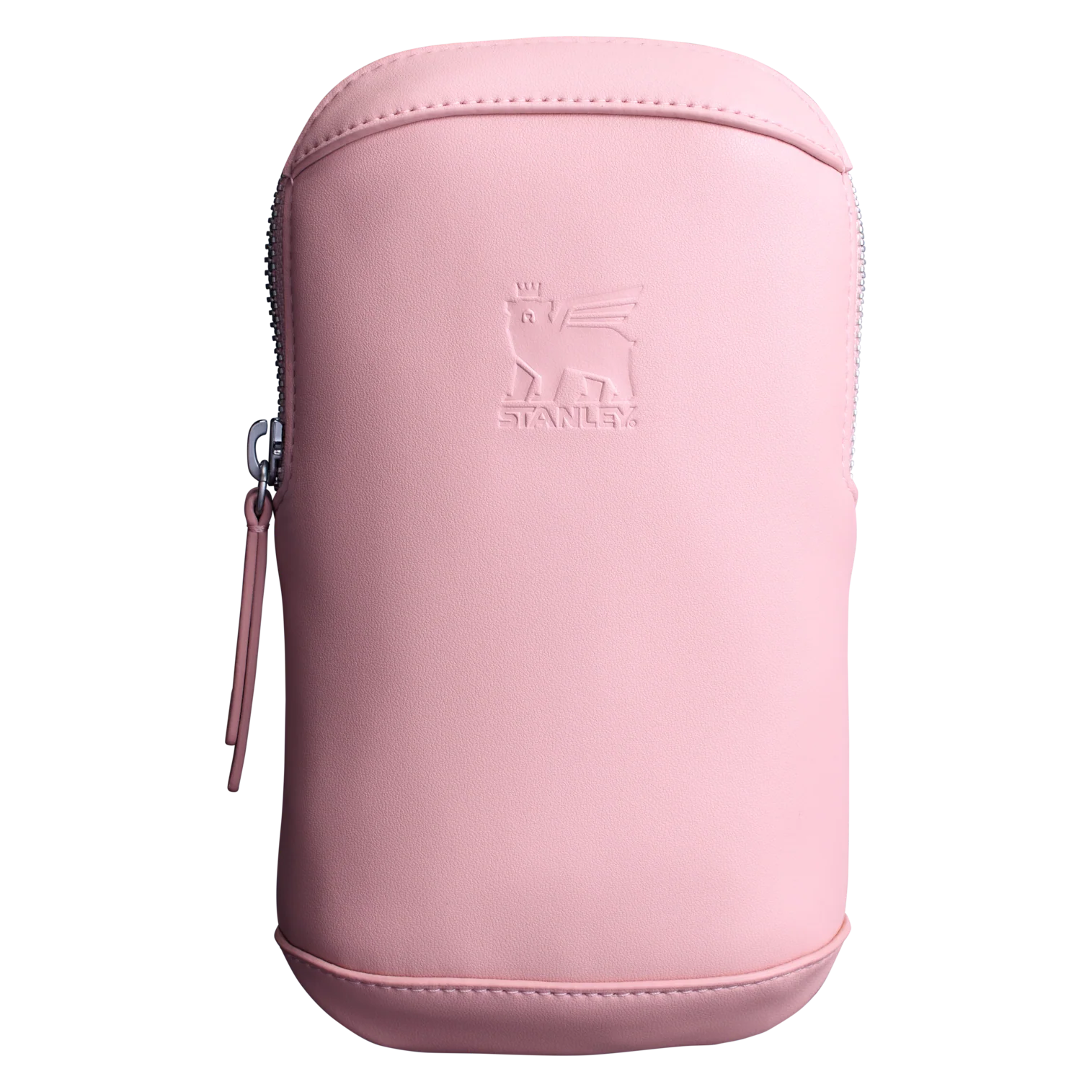 Pink cylindrical pouch with a zipper and Stanley logo on a white background