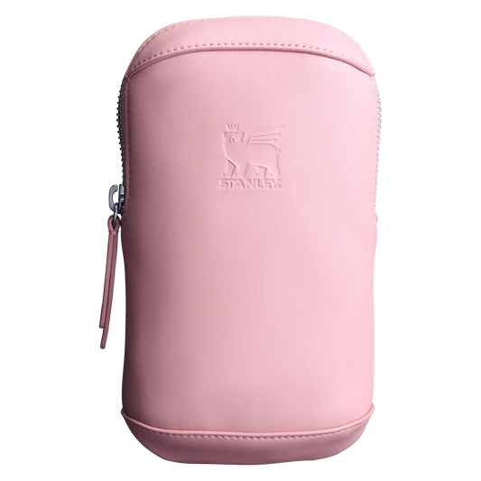 Pink cylindrical pouch with a zipper and Stanley logo on a white background