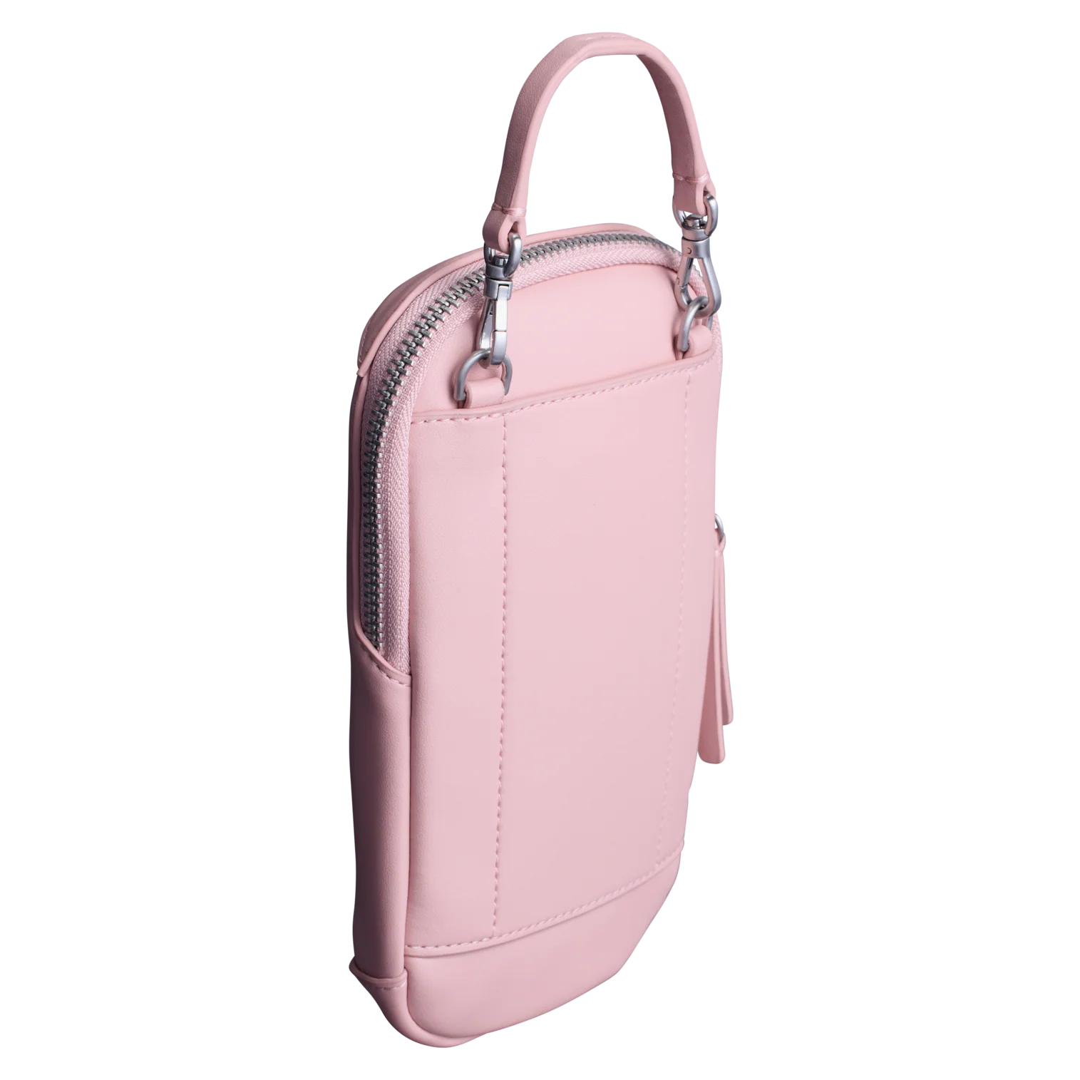 Pink handbag with a strap on a white background