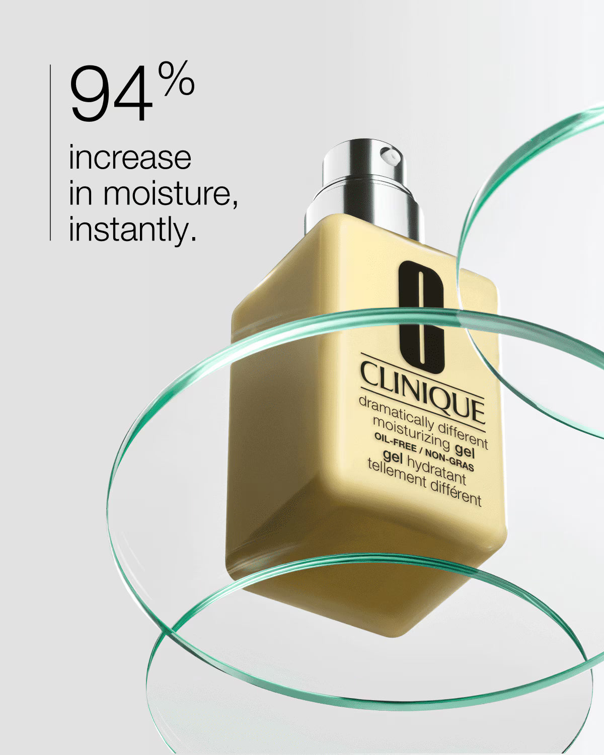 Clinique moisturizing gel bottle with text on a white background