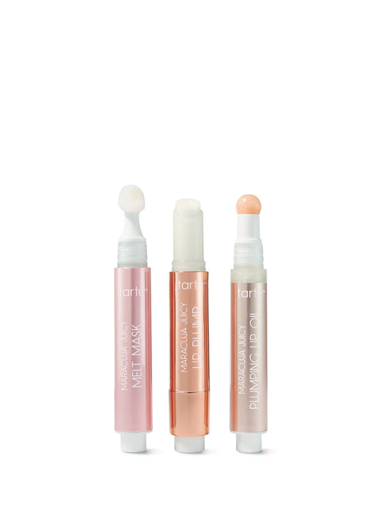 Three lip care products from tarte on a white background