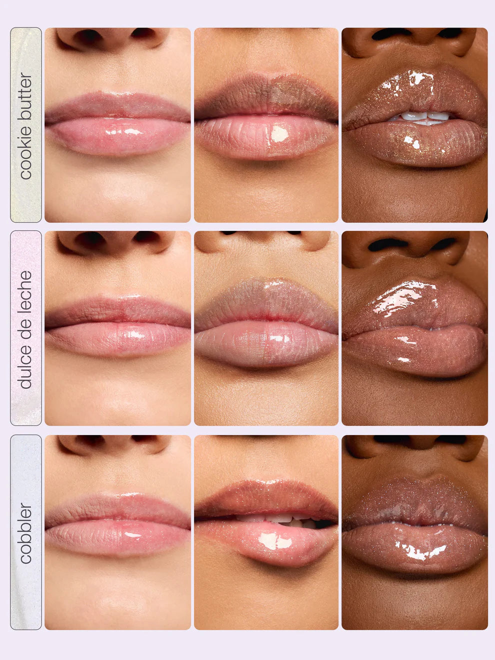 Collage of lip swatches labeled 'cookie butter', 'dulce de leche', and 'cobbler' on different skin tones.