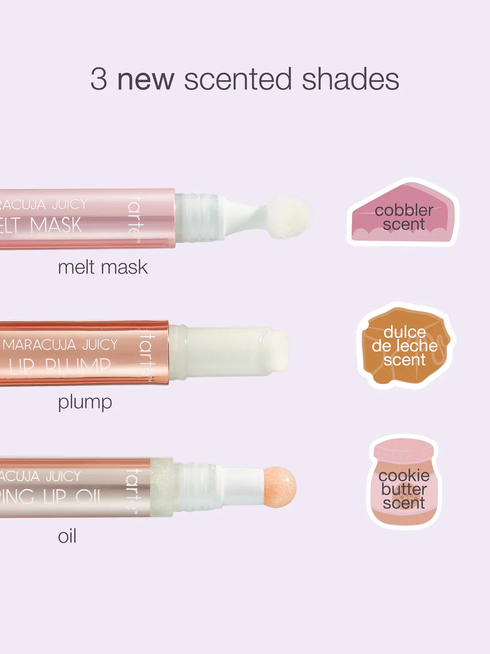 Three cosmetic products with scented options on a light purple background